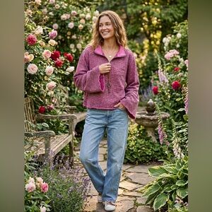 Natural Life Pullover Women S/M Magenta Floral Quarter Zip Raw Hem French Terry
